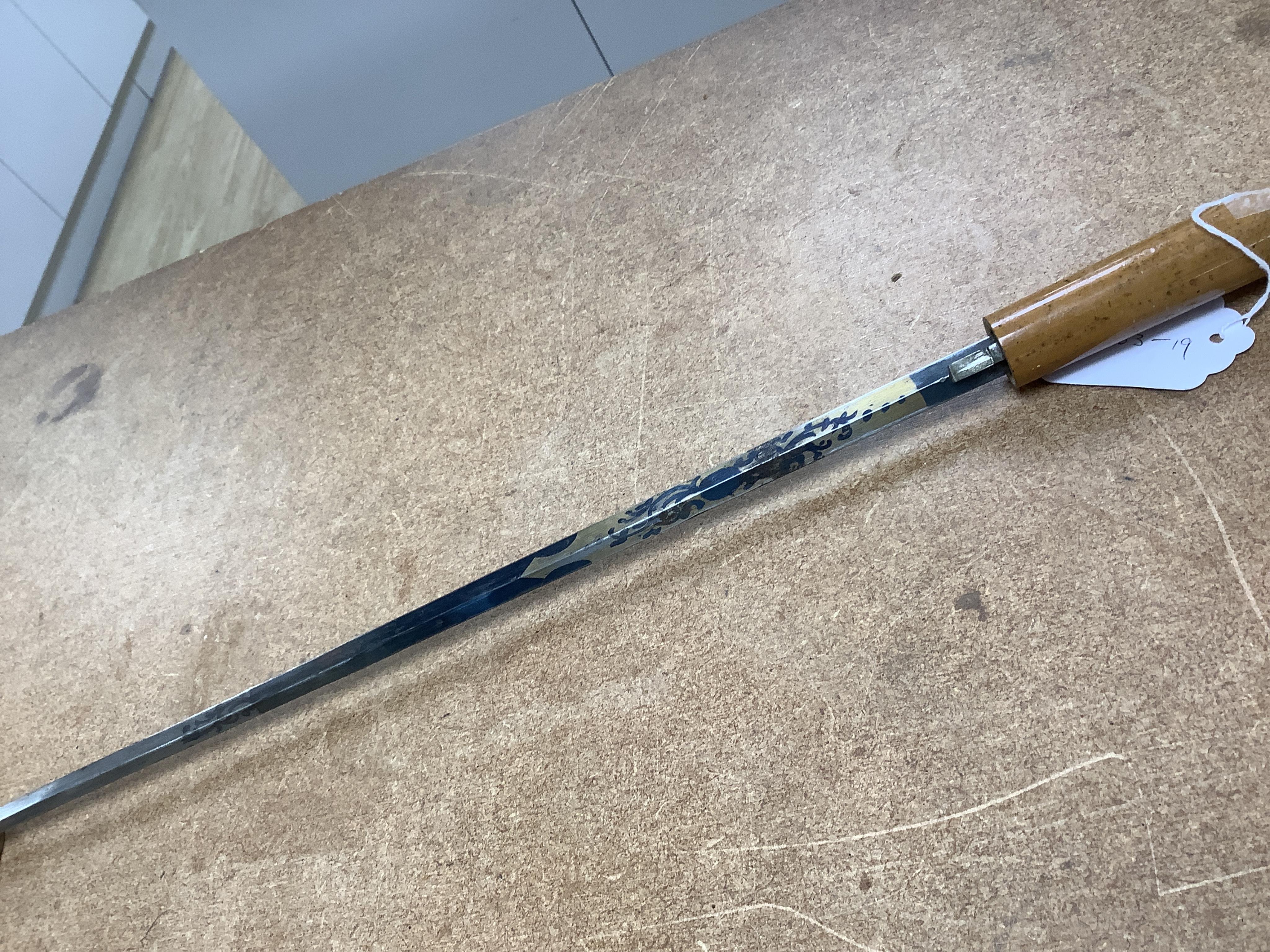 A Victorian silver mounted sword stick, with damascene blade, 90cm in length